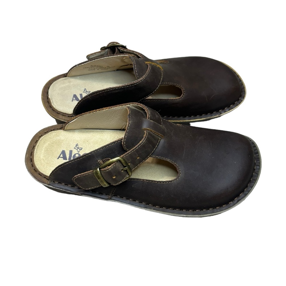 ALEGRIA Classic Oiled Leather Brown Slip On Clogs, Size 35 / 5-5.5 US